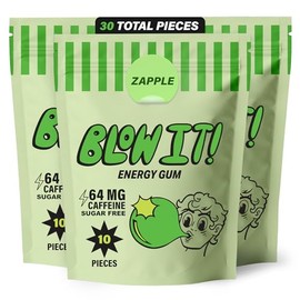 Blow It Gum - Caffeinated Xylitol Gum - Intensified Energy and Focus Boost Effect - Green Coffee Bean Infused Sugar Free Gum - Zapple Flavor - 3-Pack (30 Pieces)
