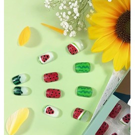 24 PCS Short Press on Nails Square False Nails with Red Watermelon Designs Square Fake Nails Cute False Nails Glue on Nails Summer Acrylic Nails Fruit Stick on Nails for DIY Nail Art