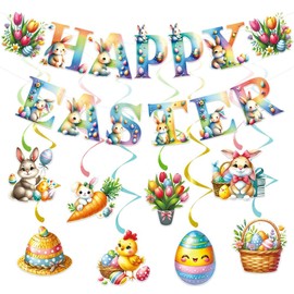 Easter Party Decorations Set, Pre-Strung Happy Easter Banner, Easter Egg Bunny Hanging Swirls, Multi-Color Egg Bunny Decor Kits for Home Office School Classroom Easter‘s Day Themed Party Decorations