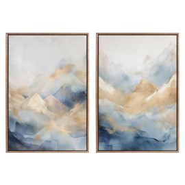 Kate and Laurel Sylvie Beaded Blue Mountains I and II Vintage Framed Canvas Wall Art Set by Amy Lighthall, 2 Piece Set 23x33 Gold, Abstract Watercolor Art for Wall