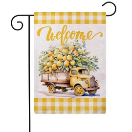 Summer Holiday Garden Flag Welcome Vintage Yellow Truck with Lemons Design Double Sided Farmhouse Decorative Small Burlap Flags 12.5 x 18 Inch for Outdoor Seasonal Porch Lawn Decor (Yellow)