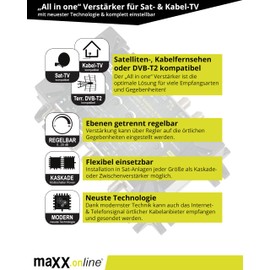 maxx.onLine Satellite Amplifier & Antenna Amplifier Cable TV DVB-C / T2 28 dB Gain Cascadable Satellite Signal Amplifier House Connection Amplifier Satellite Line Amplifier Intermediate Amplifier