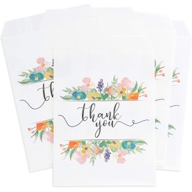Juvale 100-Pack Floral Thank You Paper Party Favor Treat Bags for Cookies, Candy Buffet, 5 x 7.5 Inches