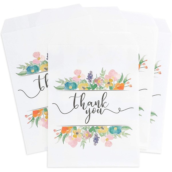 Juvale 100-Pack Floral Thank You Paper Party Favor Treat Bags for Cookies, Candy Buffet, 5 x 7.5 Inches