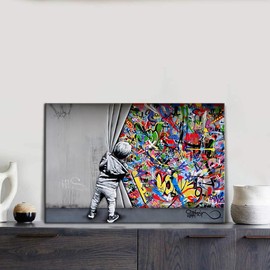 Banksy Wall Art 16x12inch the Boy Behind the Curtain Street Graffiti Art Canvas Prints Artwork Modern Stretched Framed Home Kids Boy Room Living Room Bedroom Decor