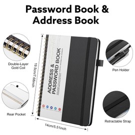 Thboxes Password Book & Address Book with Alphabetical Tabs, Black Spiral Telephone Book 100gsm Paper for Password and Address Management, 128 Pages, 7.7 X 5.5"