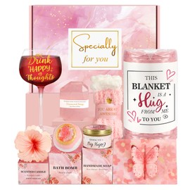 Birthday Gifts for Women, Rose Relaxing Spa Gifts Basket for Women, Christmas Gifts Box Kit with Wine Glass Blanket for Her Mom Wife Friend Sister Daughter Coworker