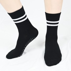 KOOOGEAR 3 Pairs Non-Slip Yoga Socks Pilates Socks for Women,Anti Slipper Stripes Long Crew Grip Socks (UK, Numeric, 4, 7, Regular, Regular, 3 Pairs Black)