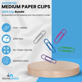 1InTheOffice Paper Clips Medium, Colored Paper Clips, Coated Paper Clips, Assorted Color, 1,000 Paper Clips/Pack, 2 Pack