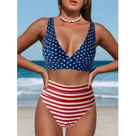 Hilinker - Traje de baño de bikini de leopardo para mujer, cuello en V, cintura alta, 2 piezas, Bandera estadounidense, X-Large