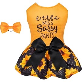 CuteBone Small Dog Birthday Sunflower Print Dress with Large Bowknot Suspender Set, Small Dog Girl Outfit, Pet Birthday Costume, Pink CAD-BF32S