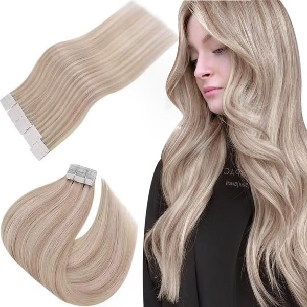 Easyouth Tape-In Hair Extensions, Balayage, Real Hair, Colour Ash Blonde Highlighted with Light Blonde, 50 cm, 50 g, Ombre, Remy