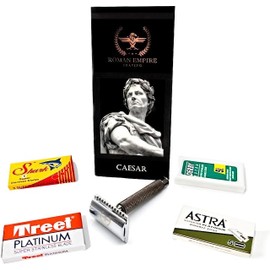 Caesar Gun Metal Double Edge Safety Razor by Roman Empire Shaving | Classic Razor | Stainless Steel with 20 Razor Blades (Astra-Derby Shark Treet)