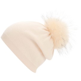 Cream Cashmere Slouchy Beanie for Winter Warm Hat Women Beige Real Fur Pom Pom Winter Hat Cashmere Wool Knit Hat Beanie Ski Skull Cap Hat (Beige Pom)