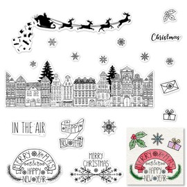 Merry Christmas Clear Stamps for Card Making, Happy New Year Snowflake House Deer Elk Clear Rubber Scrapbooking Stamps with Sentiment Words for Holiday Card Making DIY Photo Album