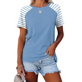 Womens Tops Summer 2024 Casual Short Sleeve Raglan Striped Shirts Light Blue L