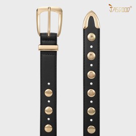JASGOOD Women Leather Belt Fashion Studded Belt Ladies Punk Belt Gold Buckle Vintage Leather Belt for Jeans Dress,Black