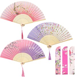 3PCS Folding Hand Fans with Tassel and Fabric Sleeves, Bamboo and Silk Handheld Folding Fans for Wedding, Party, Gifts and Wall Decoration – Pink Gradient, Purple Gradient, Pink and Purple