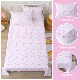 Viviland 4 Pieces Girls Pink Full Sheet Set - Soft Microfiber Fitted Flat Sheets & Pillowcases - Pink Bow Print Bedding Sets- for Kids & Toddlers