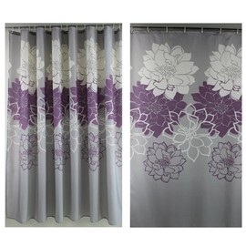 Gray Background and Flowers Pattern, Waterproof Washable Printed Polyester Fabric Shower Curtain for Bathroom (72inch72inch, Purple)