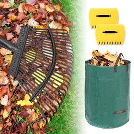 25-Tine Metal Leaf Rake Set with Adjustable Handle, 32-Gallon Bag & Leaf Scoops for Effortless Yard Cleanup, Heavy Duty Sturdy Garden Rake for Lawns, Backyard, Fall & Spring Cleaning 6FT
