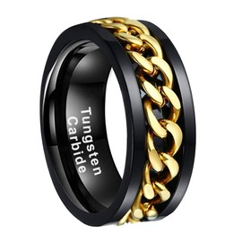 LUXUBANDS 8mm Black Tungsten Spinner Fidget Rings for Men Women Couple Anxiety Released Fashion Jewelry Engagement Wedding Bands Gold Stainless Steel Chain Inlay Polished Shiny Comfort Fit Size 11.5