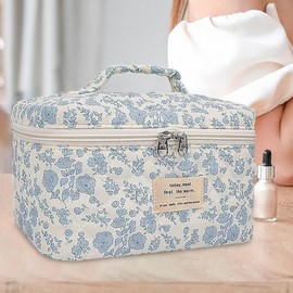 Quilted Makeup Bag Set | 3X Quilted Cotton Cosmetic Bag Set - Flower Aesthetic Travel Toiletry Organizer Bag for Women, Teens, Girls