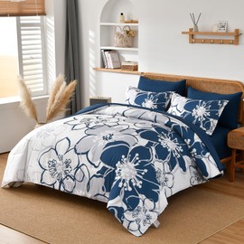 Navy Floral Comforter Set King Size 7 Piece, Blue Flower Bed in a Bag, Elegant Botanical Floral Comforter Soft Microfiber Complete Bedding Set for All Season, (Navy Blue, 104"x90")