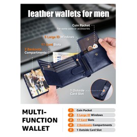 GSG SINCE 1998 Mens Leather Wallet with Coin Pocket, RFID Blocking Genuine Cowhide Bifold Wallet, Large Capacity with 17 Card Slots, 2 Large ID Windows, 2 Note Compartments, Navy Blue