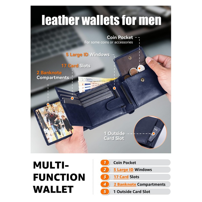 GSG SINCE 1998 Mens Leather Wallet with Coin Pocket, RFID