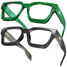 VISOONE Fashion Forward Blue Light Blocking Eyeglasses Large Rectangle Tr90 Black Green