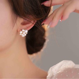 Aneneiceera Boho Multi Pearl Stud Earrings Gold Cluster Crystal Beads Earrings CZ Pearl Cluster Earrings White Pearl Earrings Bridal Pearl Earrings Jewellery for Women, Zinc