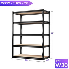 Raybee Furniture 5 Tier 72" Metal Garage Shelving Units, Garage Shelf Free Standing Utility Rack 1550-2000LBS Capacity, Adjustable Storage Shelves for Pantry Garage Basement:_35.5"W x15.8"Dx72"H_1