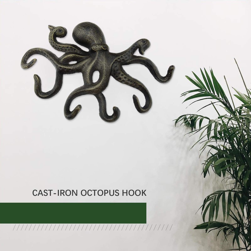 Bronze Octopus Coat Hook with 6 Tentacle Hooks Cast Iron
