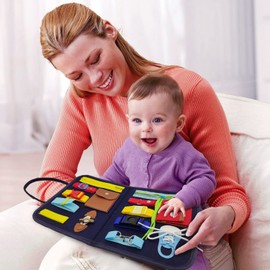 Goujfol Activity Board Montessori Toy, Busy Board for Children, Shoes Tying Learning Toddlers Motor Skills Board, Learning Basic Life and Fine Motor Skills Baby from 1 2 3 Years (Blue)