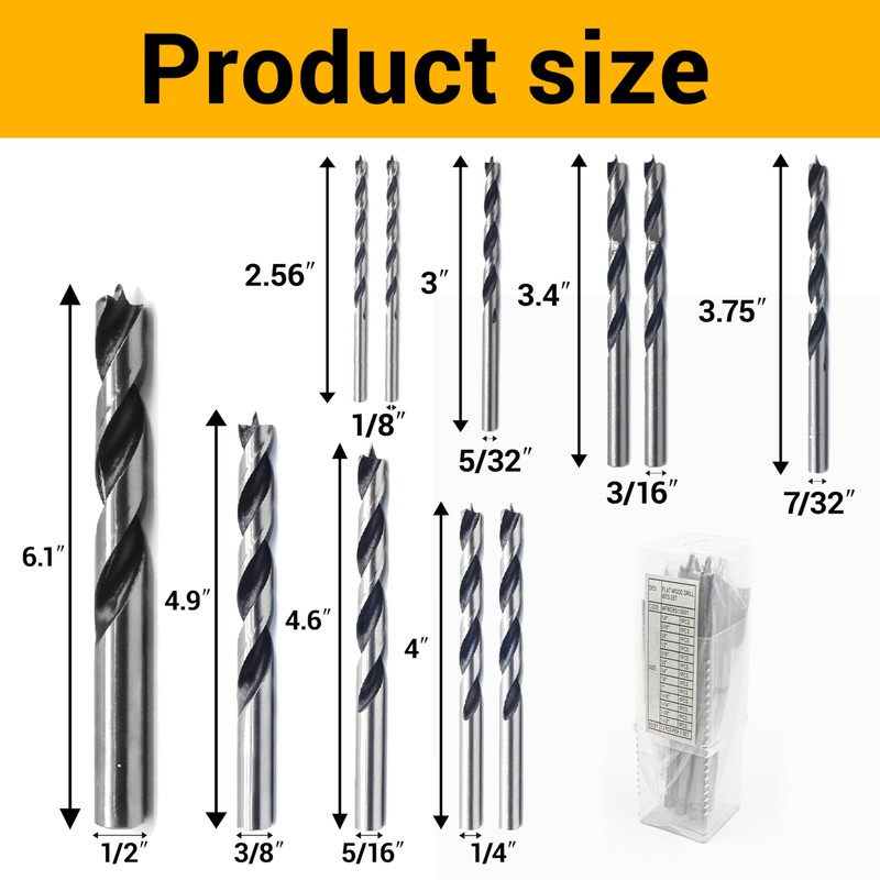 Wisechain 11-Piece Brad Point Drill Bit Set for Woodworking (1/8"