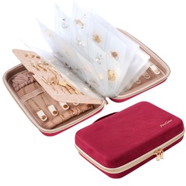 ProCase Extra Large Jewelry Organizer Case, Jewellery Home Storage Book Ring Binder with Clear Pockets for Presentation, Zippered Pouch Bag for Earrings Necklaces Bracelets -Wine