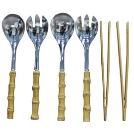 Bamboo Serving Utensils, Serving Spoon Fork and Tong, Stainless Steel Salad Tongs for Party Buffet Serving，10-inch，6 Pieces (Unique Design）