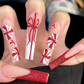 Christmas Press on Nails Long Square Fake Nails Red French Tip False Nails with Snowflake Bow Design Glue on Nails Glitter Glossy Full Cover Stick on Nails Xmas Acrylic Nails for Women Manicure 24Pcs