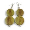 Earthy Harmony Olive Green Double Bead Wooden Dangle Earrings -