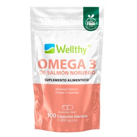 Wellthy Omega 3 Salmón Noruego 100 Cápsulas. Certificado y Garantizado, Con EPA y DHA, Cápsulas Blandas, Bottle Free.