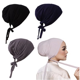 3 Pieces Adjustable Muslim Inner Under Hijab Cap with Ties Back Islamic Under Scarf Bonnet Caps Chemo Cap, Black, One Size