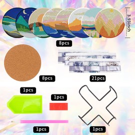 8 Pcs Diamond Art Coasters Kits for Adults with Holder Cork Pads, DIY ﻿Abstract Landscape Diamond Art Dots Painting Coasters Kits for Adults Beginners, Ideal Gift