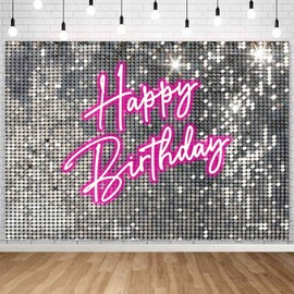 Sensfun Silver Sequins Pink Neon Birthday Backdrop for Photography Shining Flash Shimmer Wall Happy Birthday Banner Girl Sweet 16 18th Women 20th 30th 40th Birthday Party Background Decorations 7x5ft