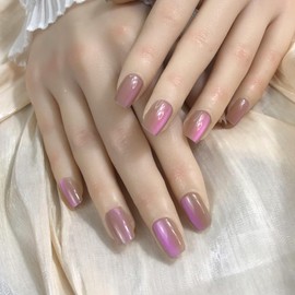 Pure Handmade Nails Press on Nail Reusable Fake Nails Purple-red Cat's Eye Nude Medium Stick on Nails French Tip False Nails 10pcs (XS, Q265)