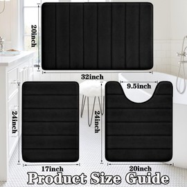 YUGYUJ Bathroom Rugs Sets 3 Pieces, Soft Absorbent Memory Foam Bath Mats Set, Dry Fast Machine Washable Bath Mat, Thick Toilet Mats Bath Rug Set for Bathroom (Black)