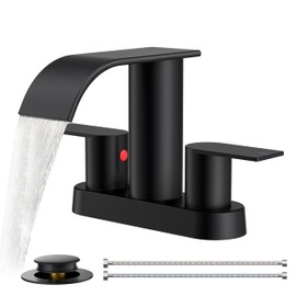 FORIOUS Matte Black Bathroom Faucets, Waterfall 4 Inch Centerset Bathroom Sink Faucet with Metal Pop up Drain and cUPC Hose for Basin, Vanity, RV, Pedestal 2 or 3 Hole Sink