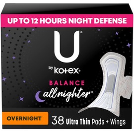 U by Kotex Balance Ultra Thin Pads with Wings, Overnight Absorbency, 38 Count