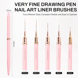 TOEDO Nail Art Brushes,5Pcs Painting Nail Art Liner Pens Set Nail Brush Dotting Drawing Tool for Thin Details, Fine Drawing Long Lines Gel Polish Painting Sizes 4/8/12/20/25mm(Pink)