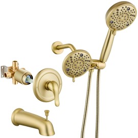 Aolemi Tub Shower Faucet Set with Tub Spout Rain Shower Head System Shower Trim Kit Pressure Rough-in Valve Included ABS 8 Setting Dual Shower Head and Handheld Spray Brushed Gold
